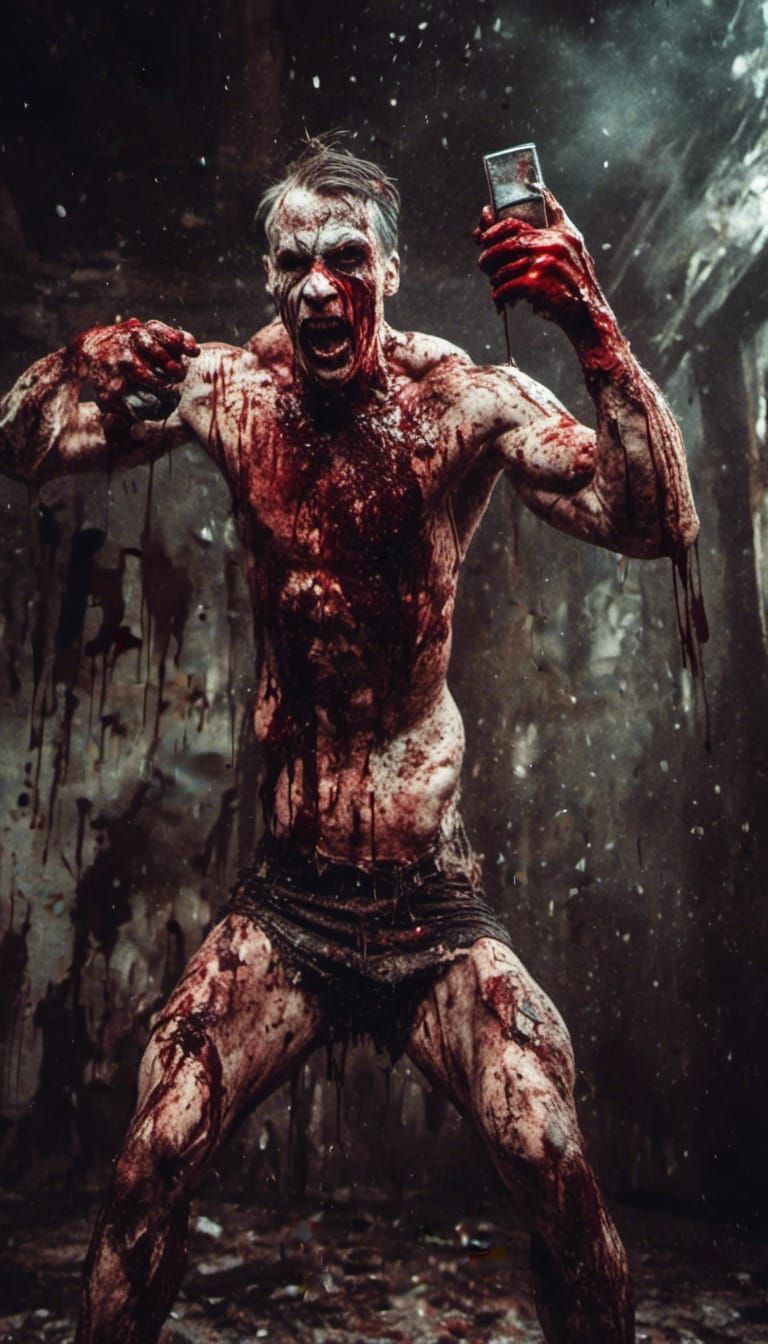 Macabre Bodybuilder Sprays Blood on Himself