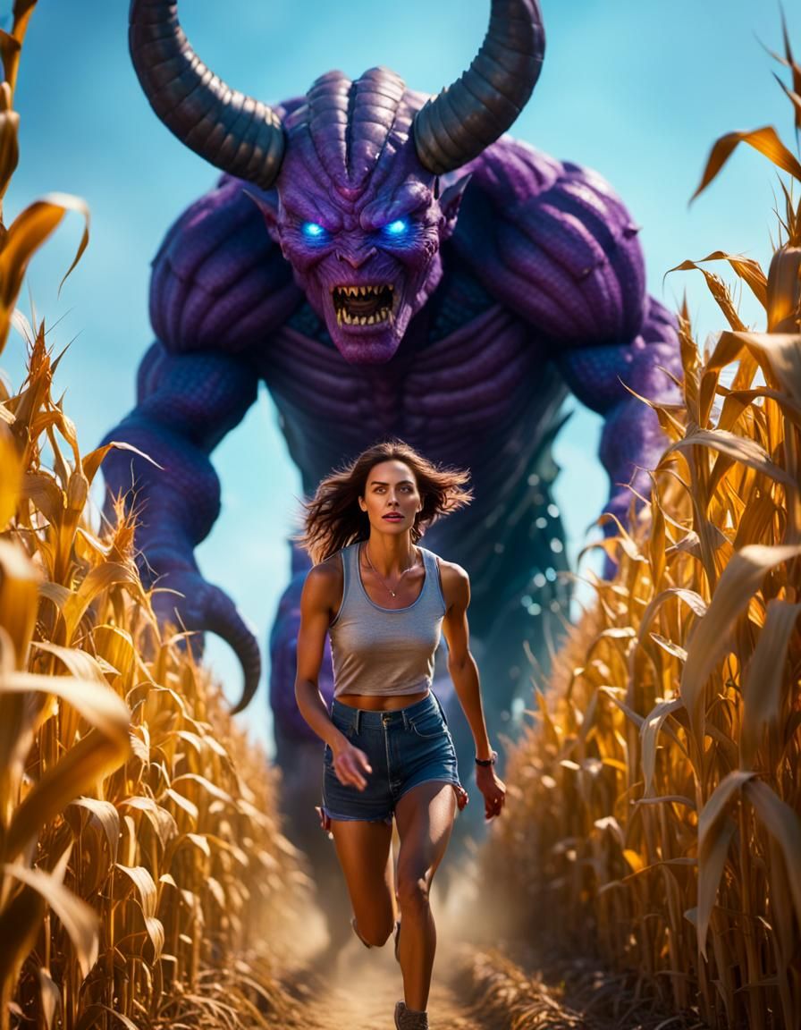 Purple Demon Chasing Woman Through Cornfield Maze