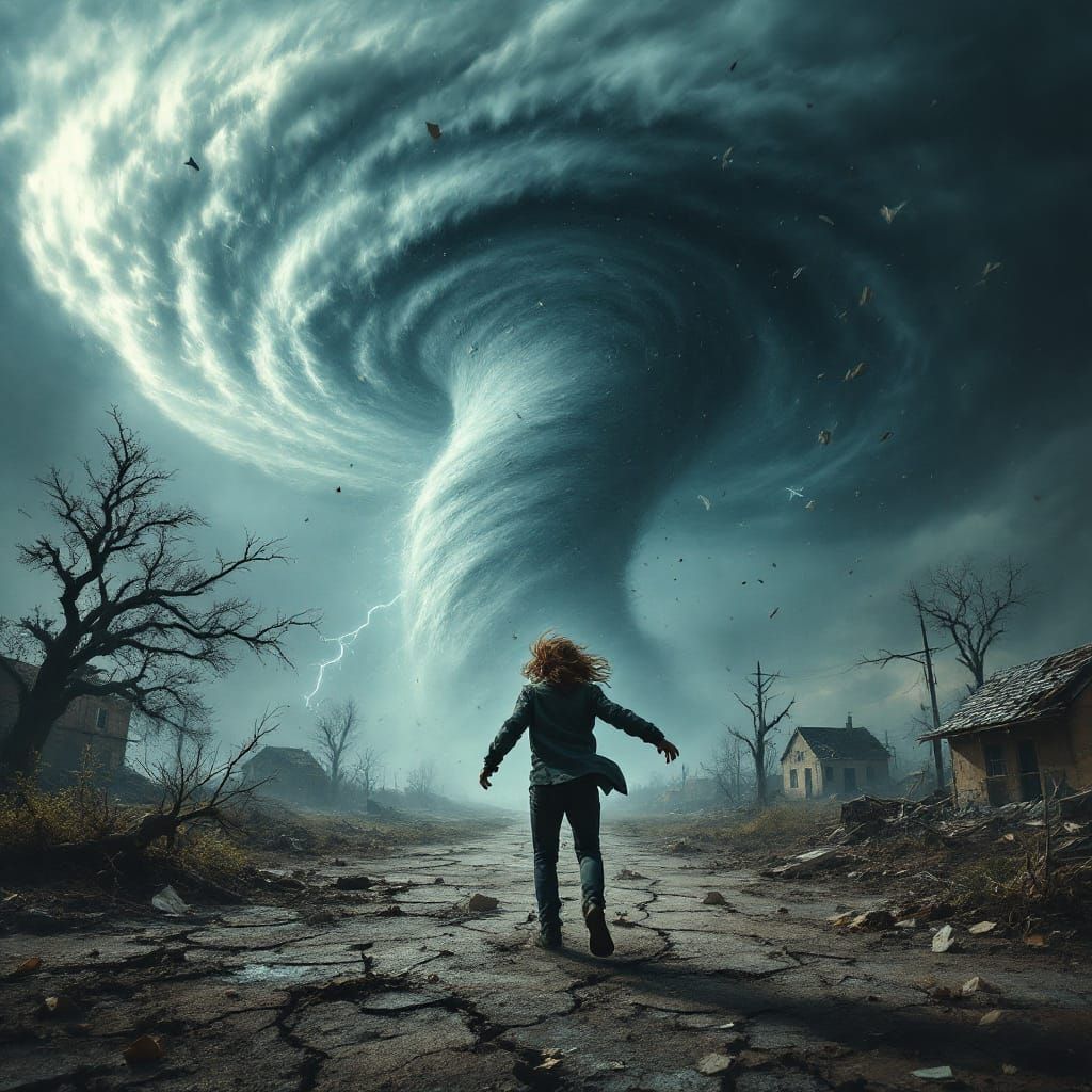 a person standing at the forefront, battling the fierce wind...