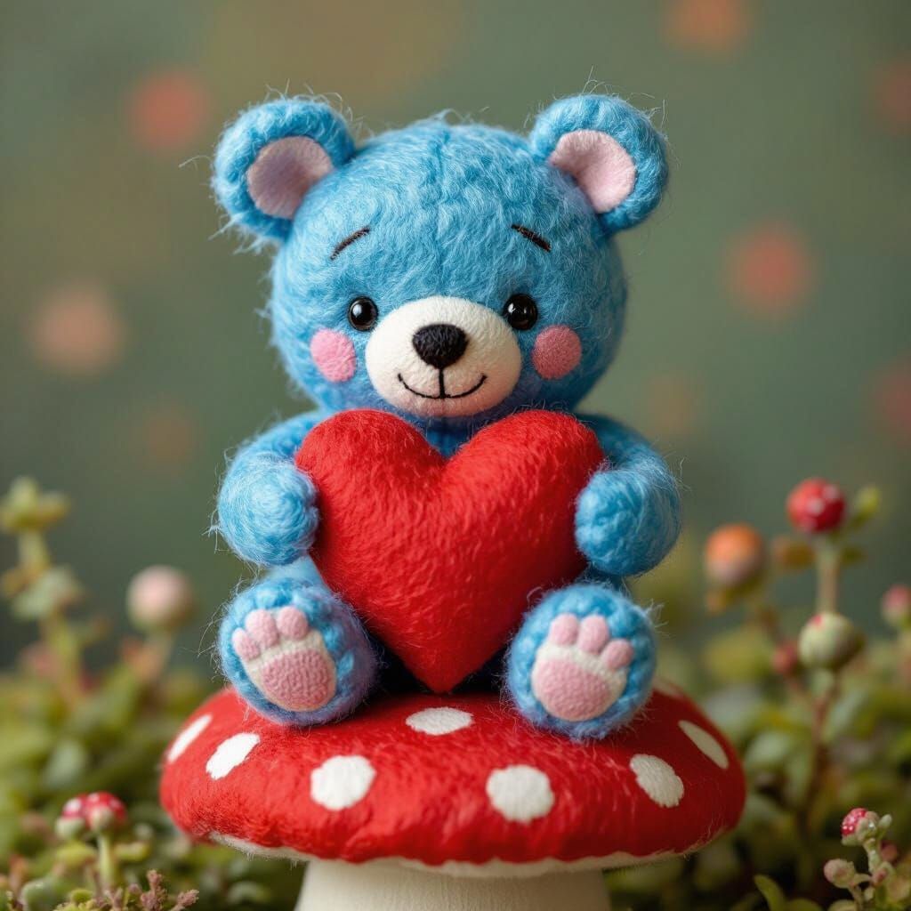 Fuzzy Blue Bear Hugs Heart Pillow on Polka-Dot Mushroom