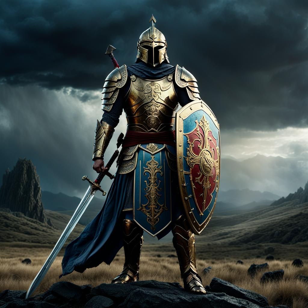 Warrior with Holy Symbol in Stormy Landscape