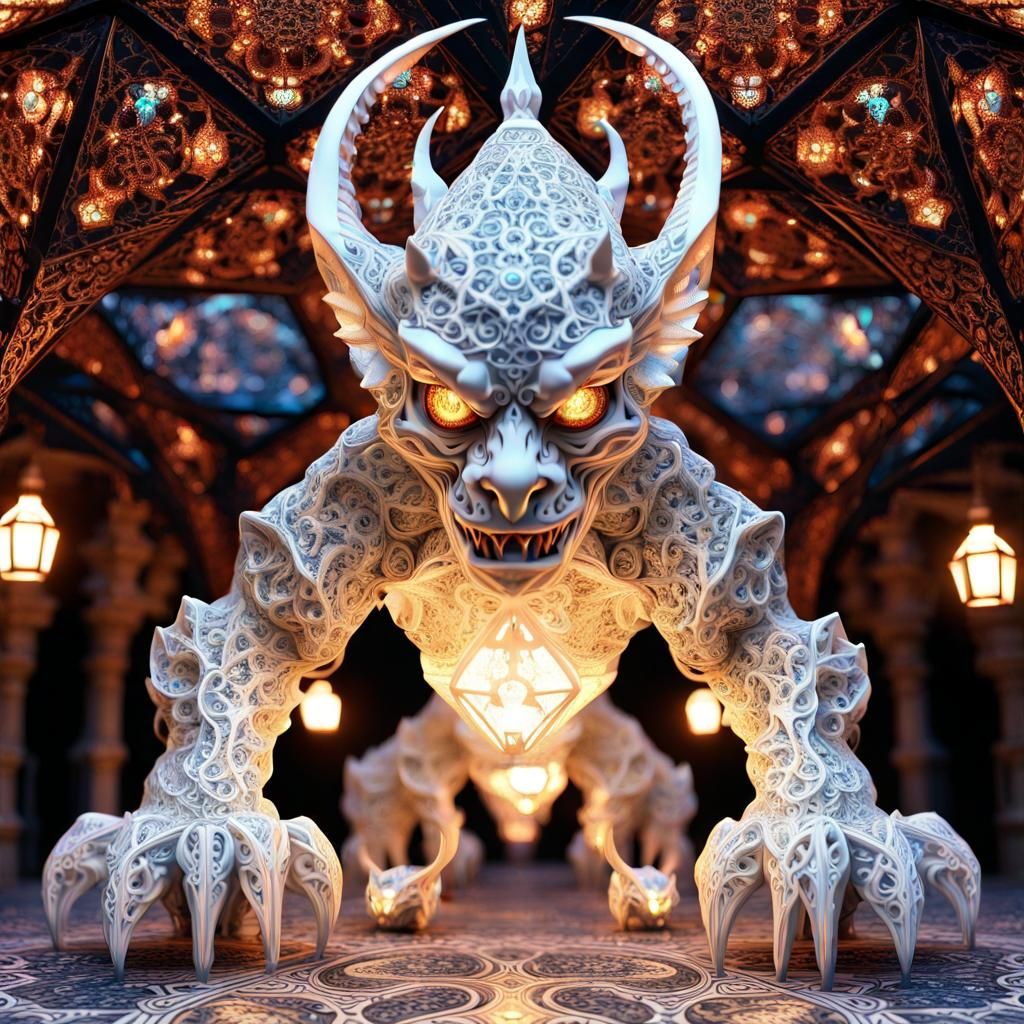 Opalescent Gargoyles in Moonlit Gazebo, Neo-Impressionism