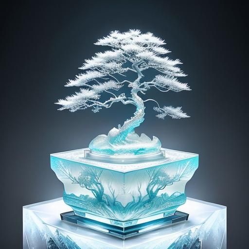 Detailed Ice Bonsai Tree Sculpture: Sunlight on Ice