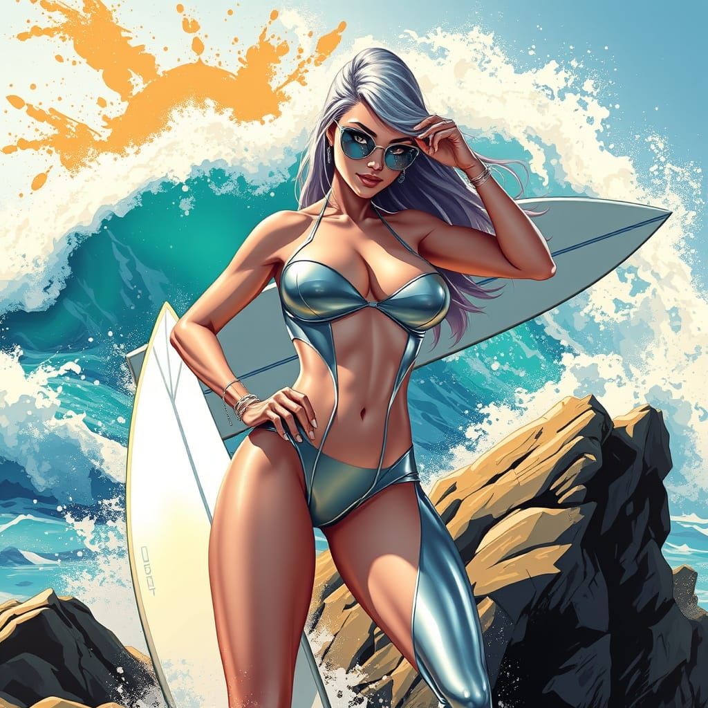 Silver Surfing Superheroine in Futuristic Bikini