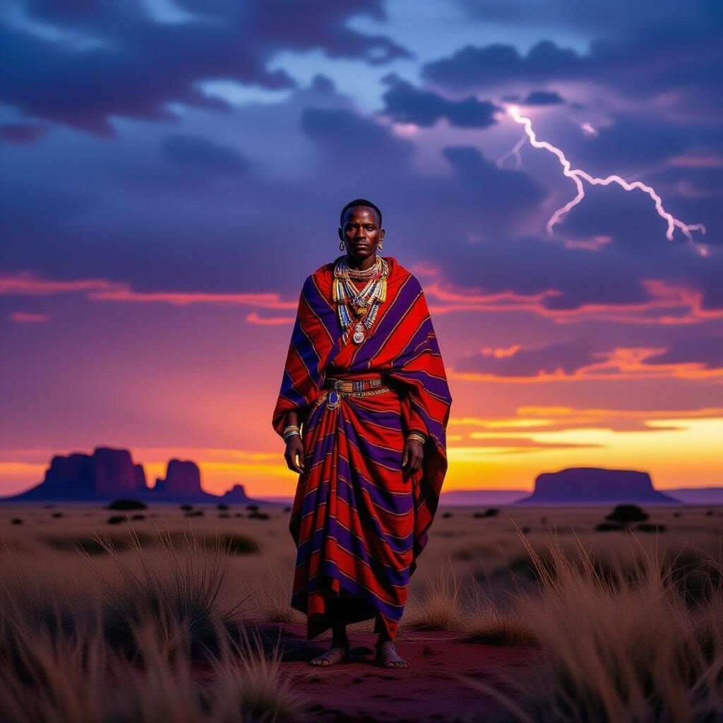Maasai Warrior at Dusk in Hyperrealistic Style