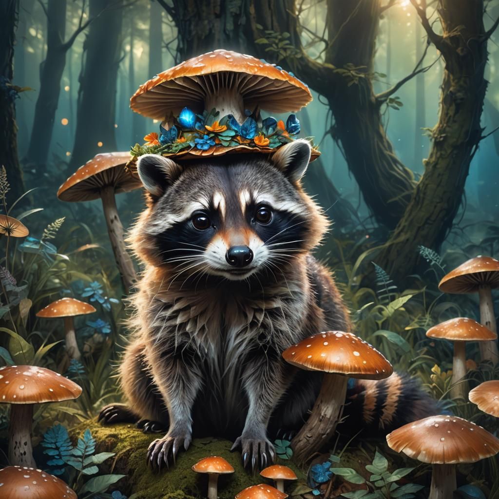 Mischievous Raccoon on Glowing Mushroom in Mystical Forest