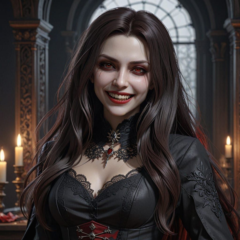 Gothic Vampire Maiden in Carmine and Black Attire