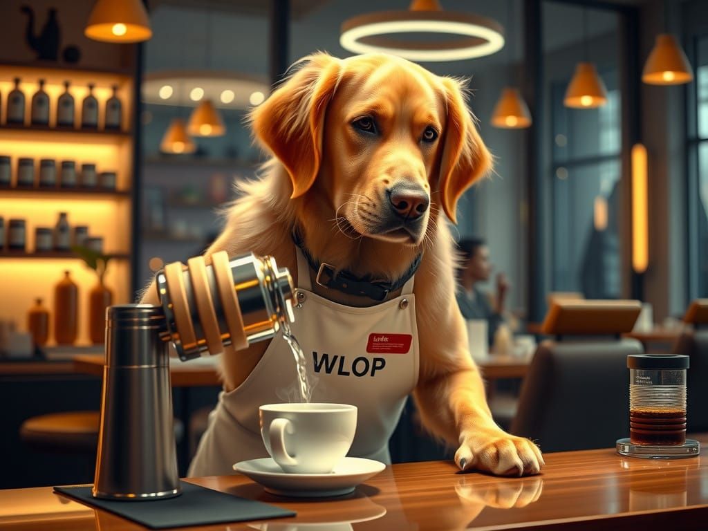 Golden Retriever Barista in Futuristic Café