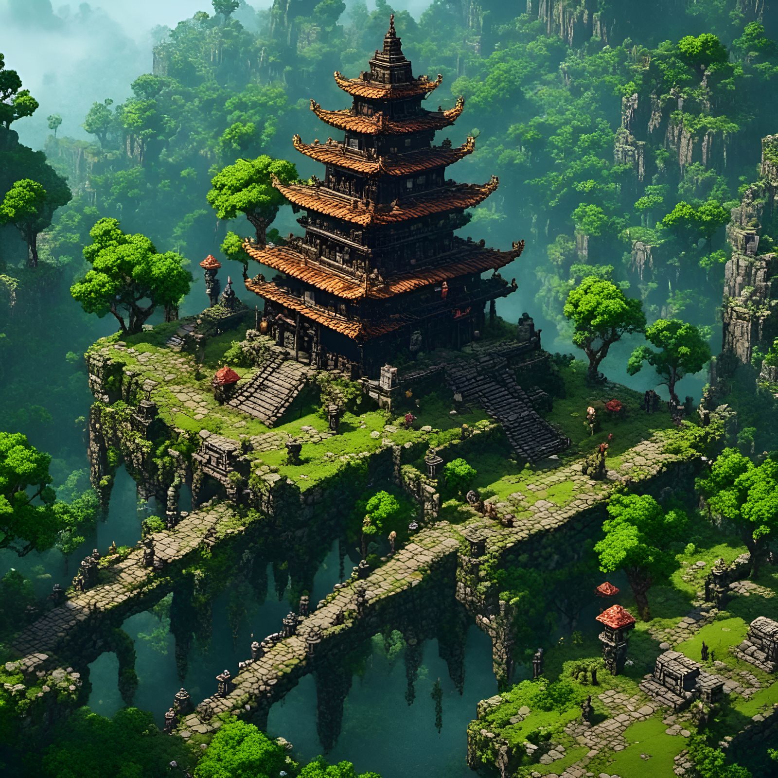 Warriors Battle Monster in Forest Temple Pixel Art