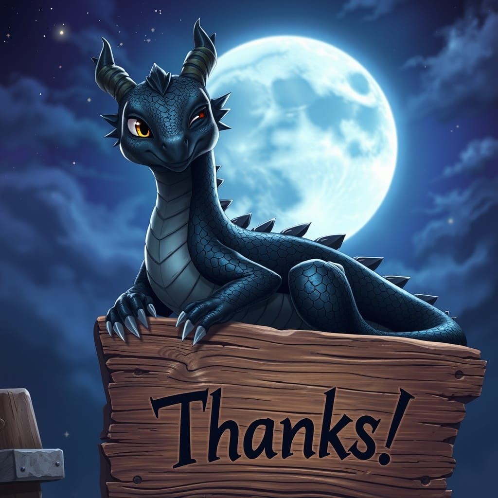 Whimsical Obsidian Dragon in a Moonlit Fantasy Scene