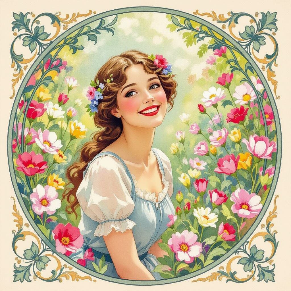 Smiling Woman in Pastel Floral Garden Watercolor