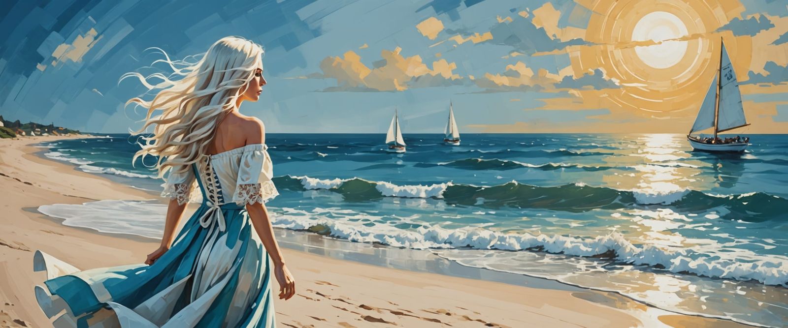 Surreal Woman and Sun on Beach, Oil Painting