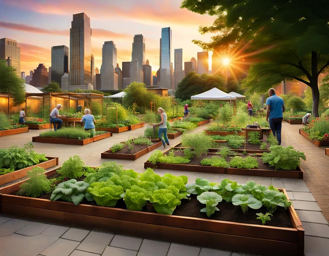 Urban Gardens - the community garden flourishes, full of vegetable beds, a symbol of growth and the city's commitment to...