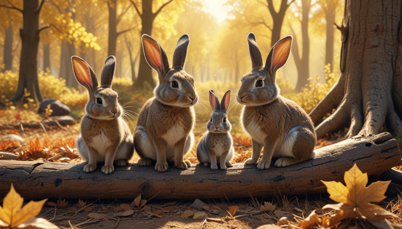 Cute Rabbit Family in Golden Autumn Wood Clearing Matte Pain...
