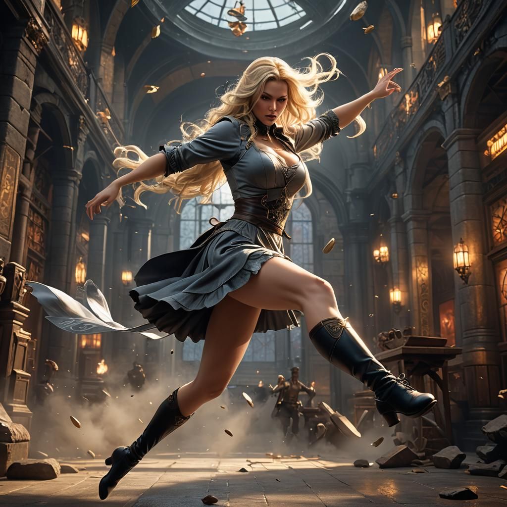 Woman Mid-Air Kick: Dark Fantasy Concept Art