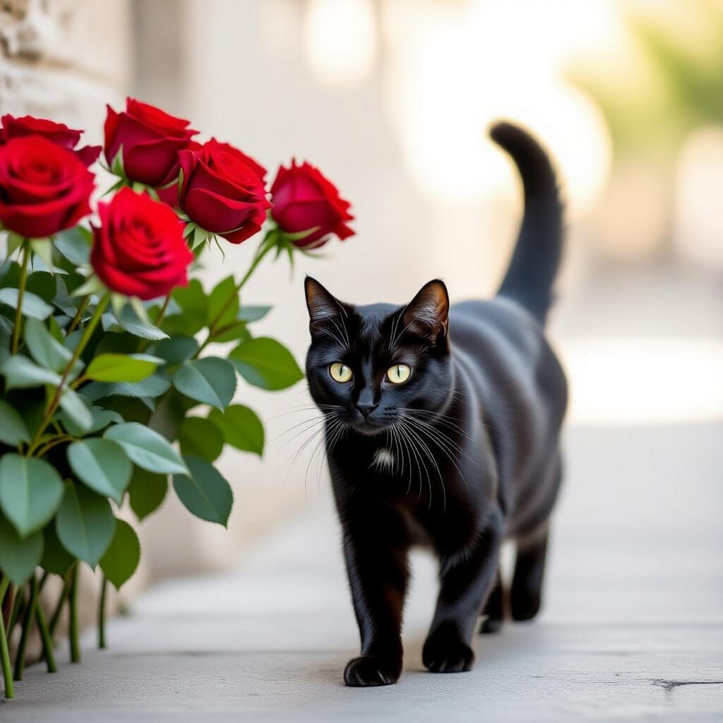 Black Cat and Red Roses in Natural Daylight