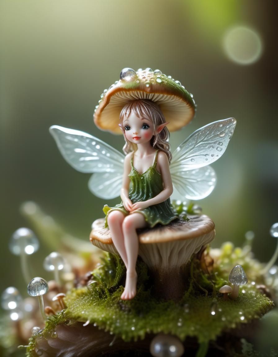 Miniature Fairy on Mushroom: Macro Photography