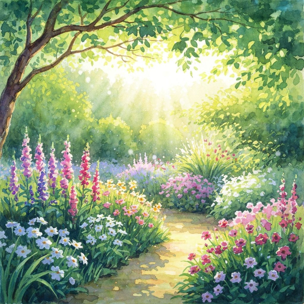 Sun-Drenched Garden in Ethereal Watercolor Style