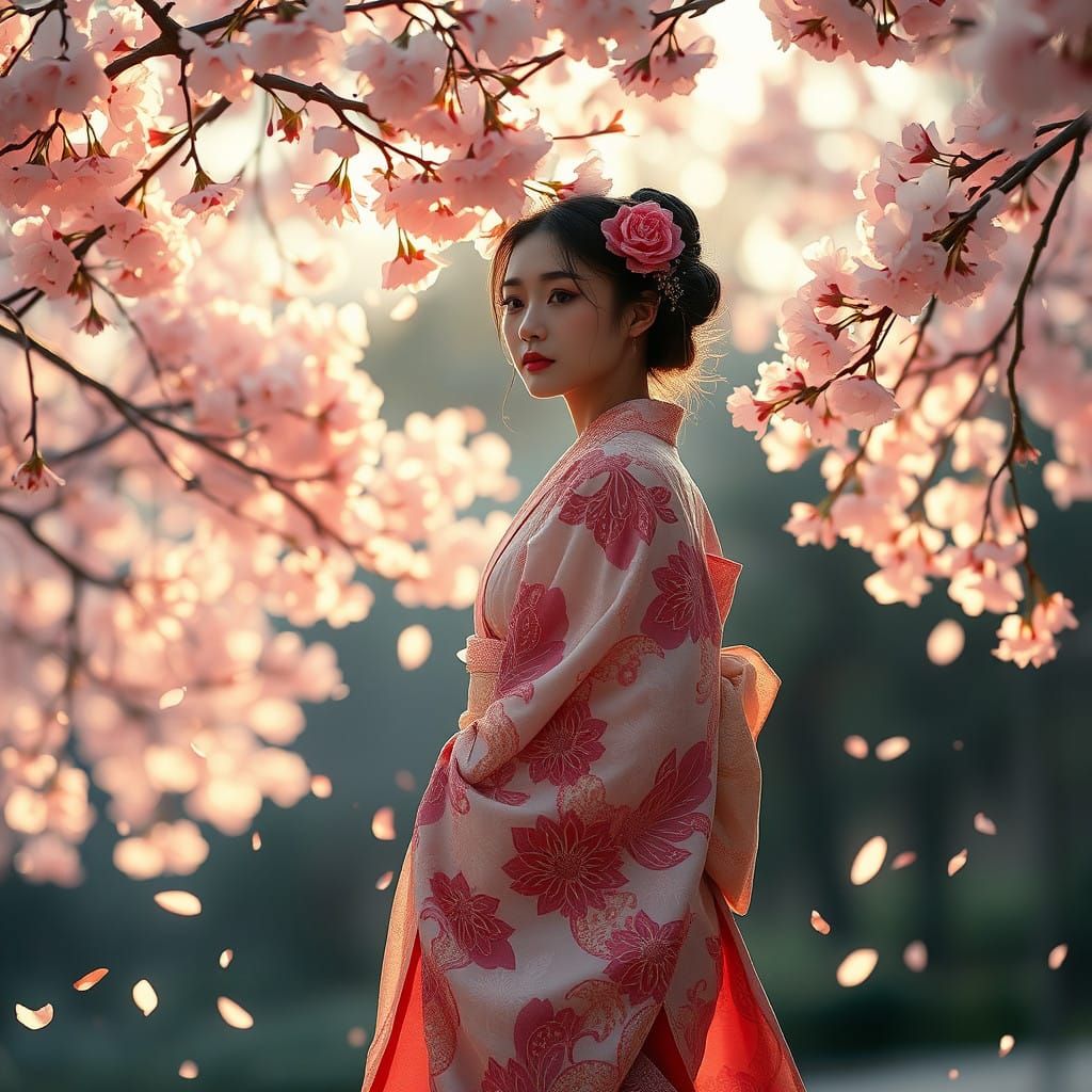 Cherry Blossom Woman in Elegant Sakura Garden