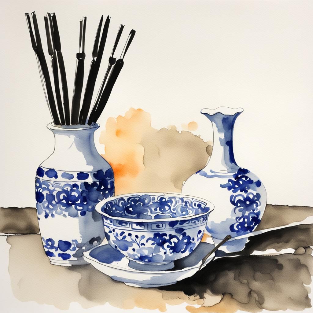 Oriental Watercolor Still Life with Ceramic Vase