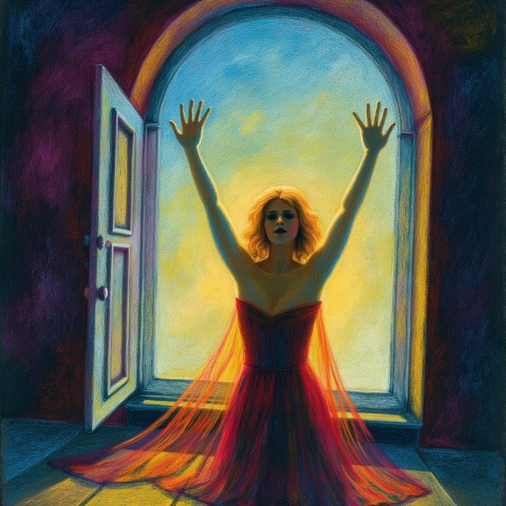 Spiritual Freedom: Person Embracing Wind in Emotive Oil Pain...