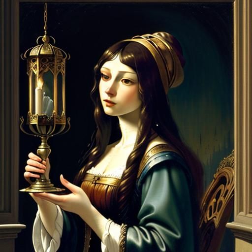 Frantic Woman with Lantern: Surreal Oil Painting