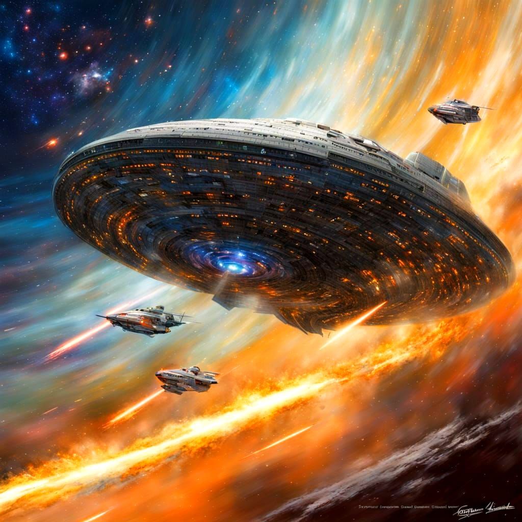 Starship Enterprise at Warp Speed in Space