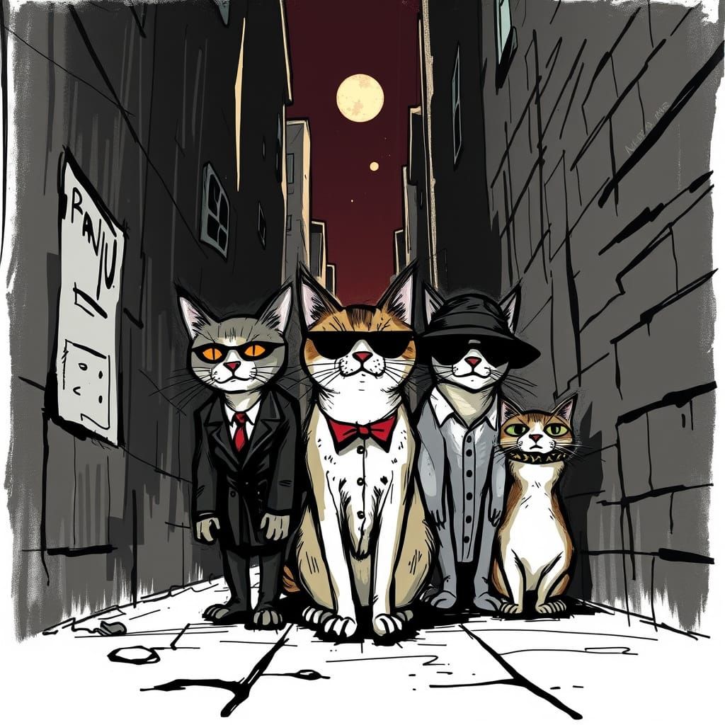 Surreal Gangster Cats Unleash Chaos in a Brutalist Alley