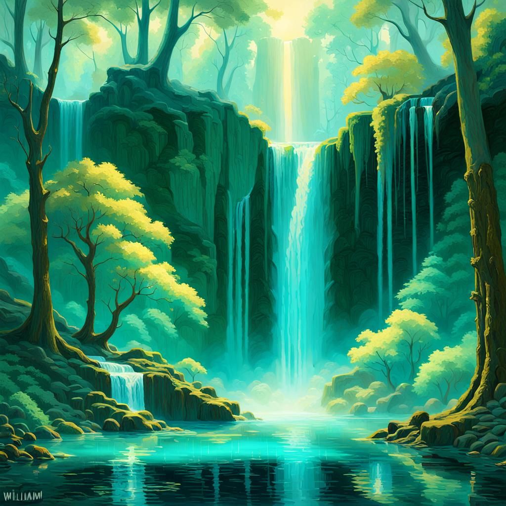 Mystical Waterfall in Forest: Oil Painting with 3D Shading