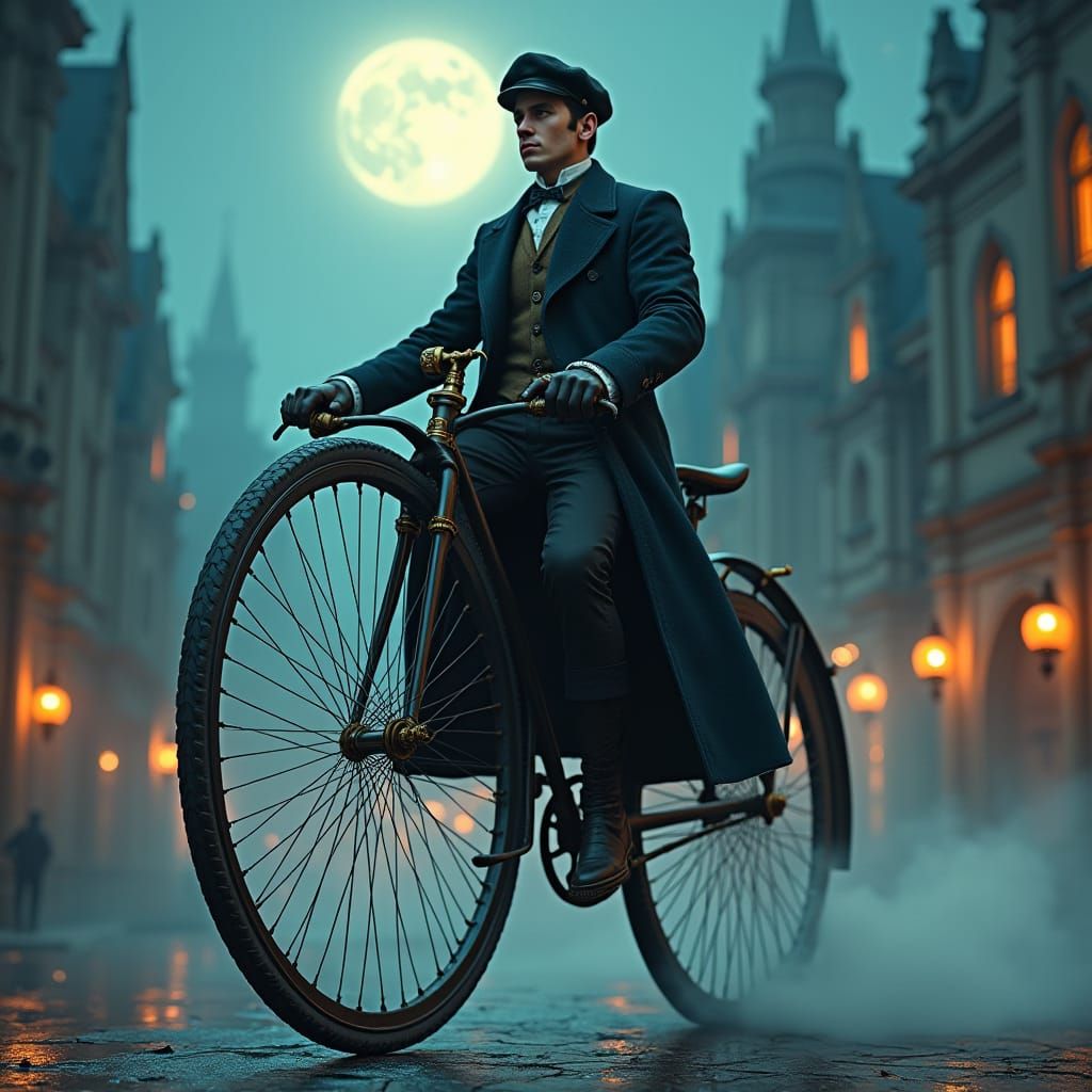Steam-Powered Bicycle in Gothic Cityscape