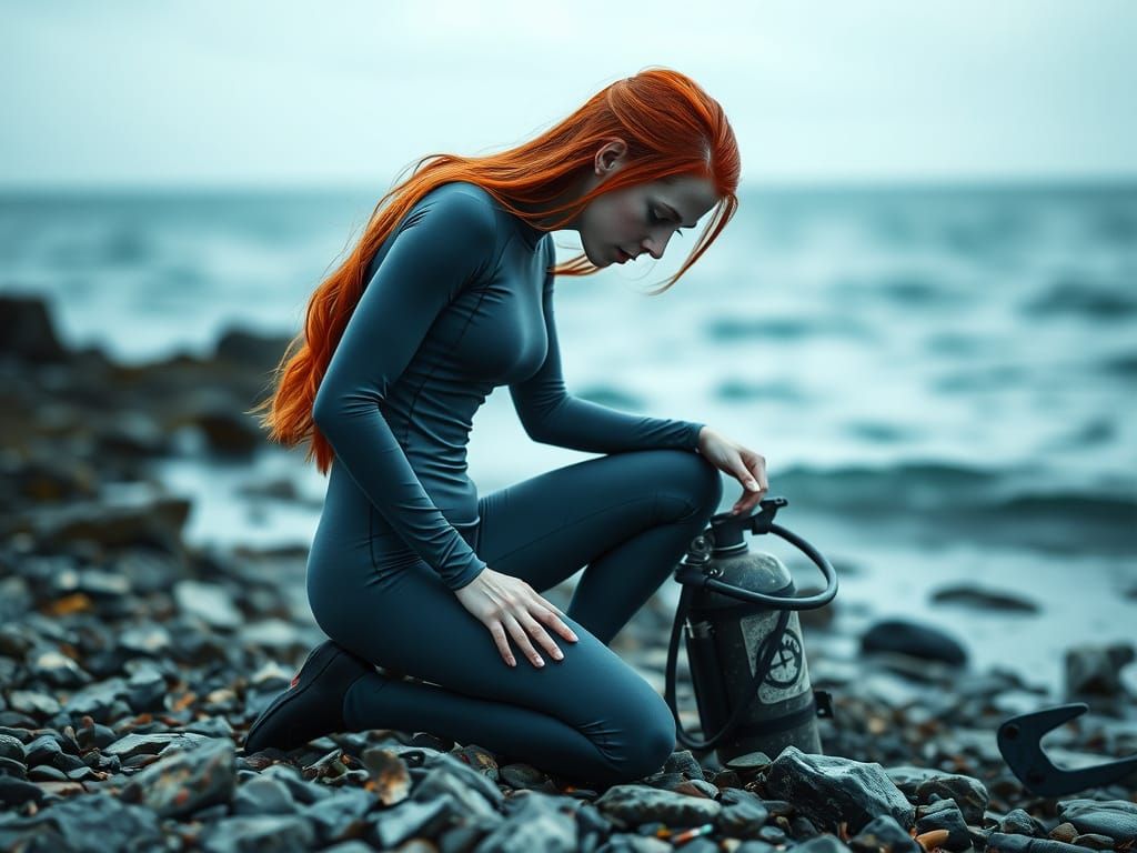 Redhead Scuba Diver on Rocky Beach in Cinematic Style