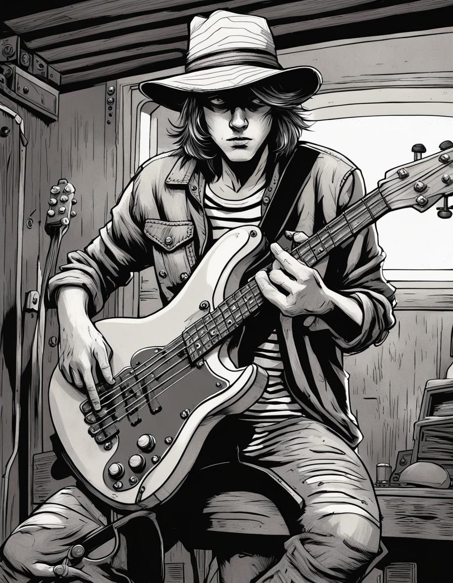 Distressed Teen Bassist in Charcoal Drawing