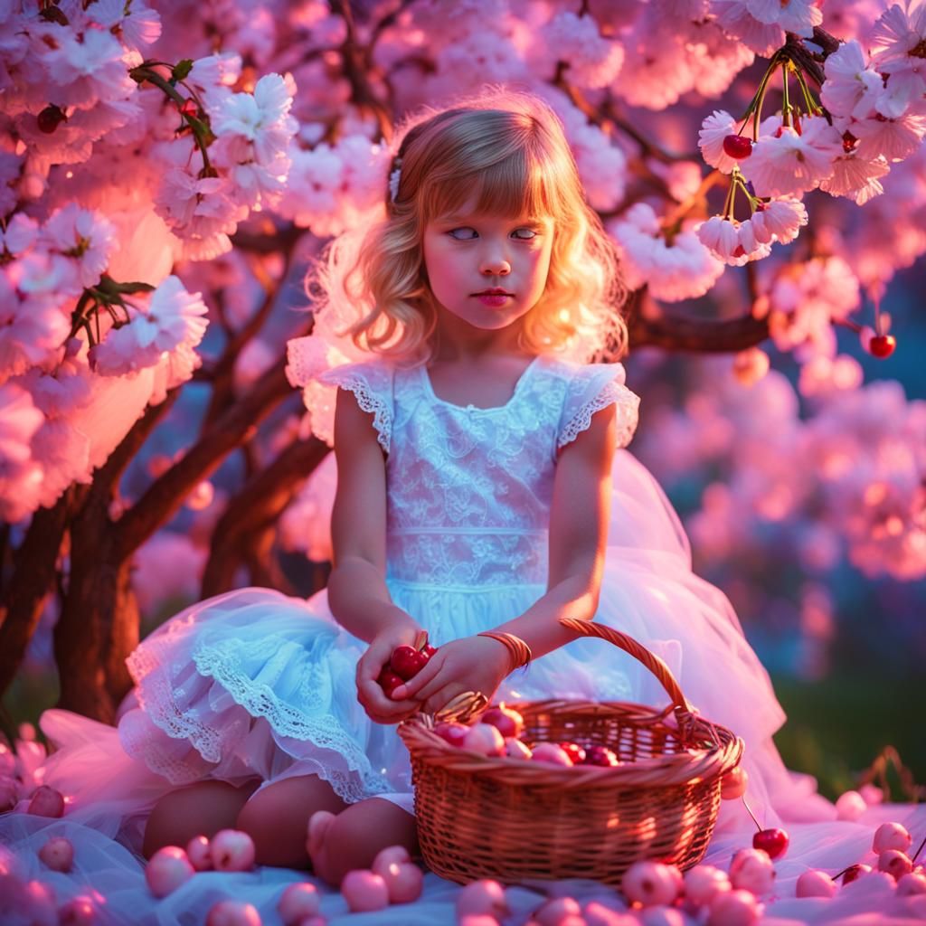 Girl with Cherries in Synthwave Neon Dream