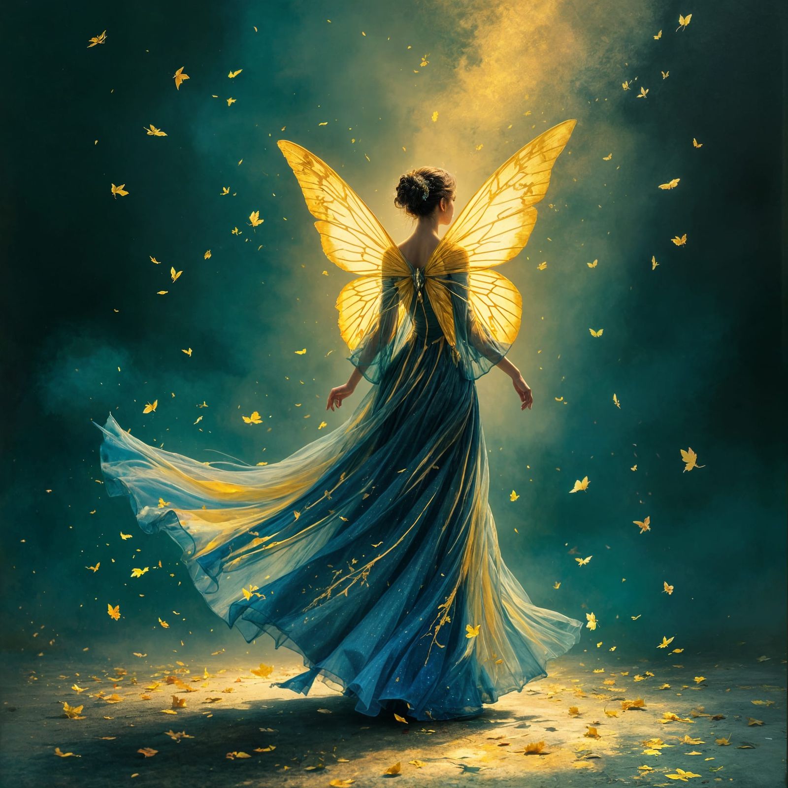 Ethereal Woman in Flowing Blue Dress with Butterfly Wings