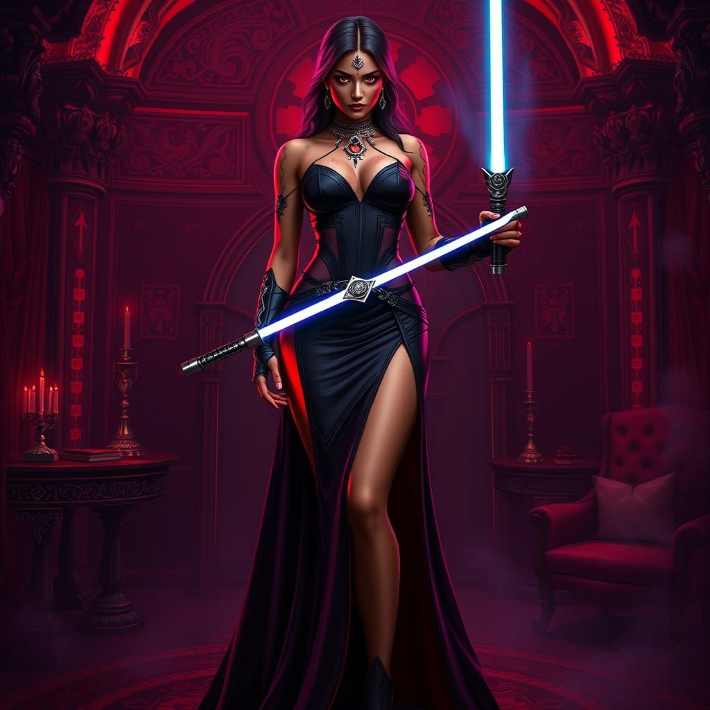 Regal Sith Pureblood Woman in Crimson and Dark Red Attire, A...
