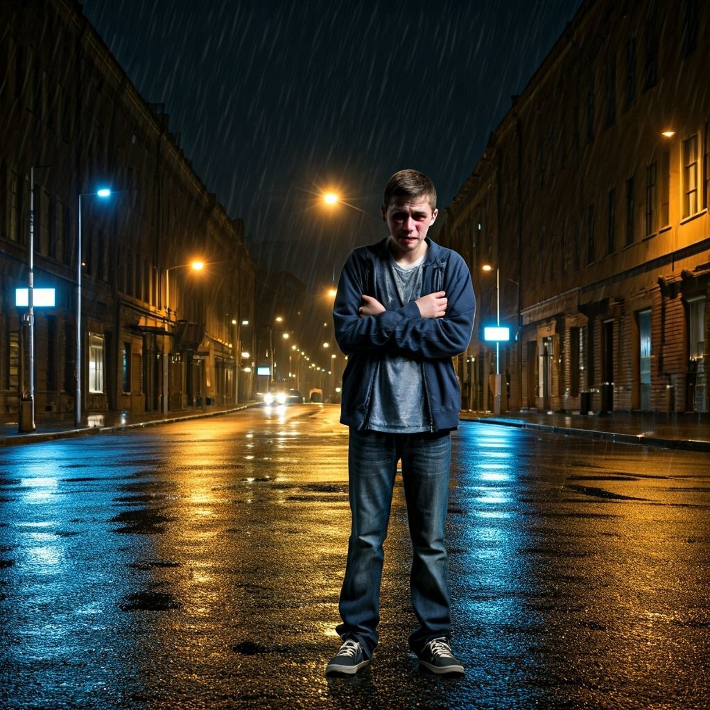 Teenager Alone on Rainy Street at Night