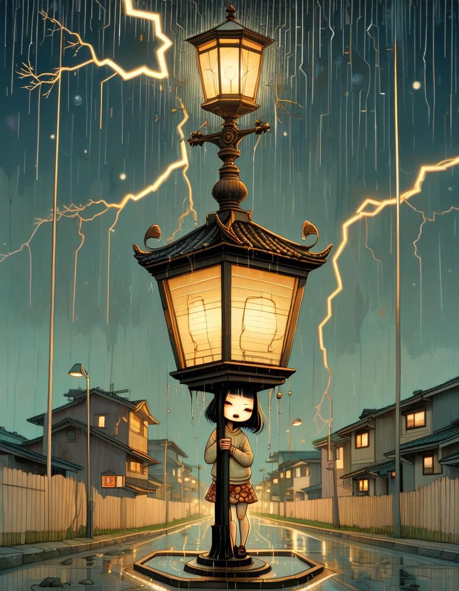 Cute Creepy Lamppost in Storm, Manga Art