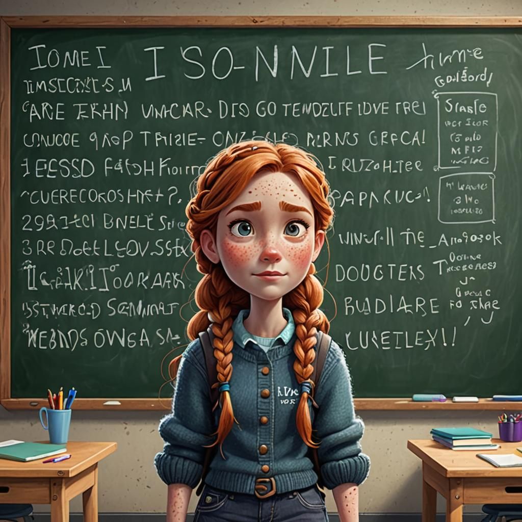 Pixar-Style Woman Writing on Chalkboard with Typography