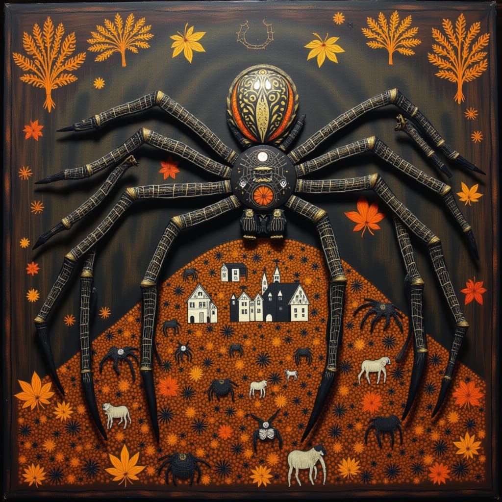 Massive Demon Spider in Autumn Leaves at Dawn