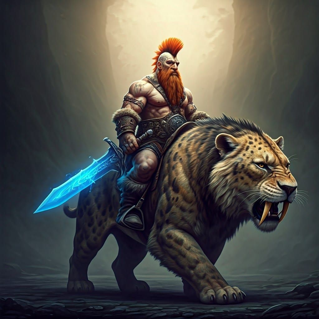Barbaric Dwarf Warrior Rides Majestic Cave Lion in Misty Fan...