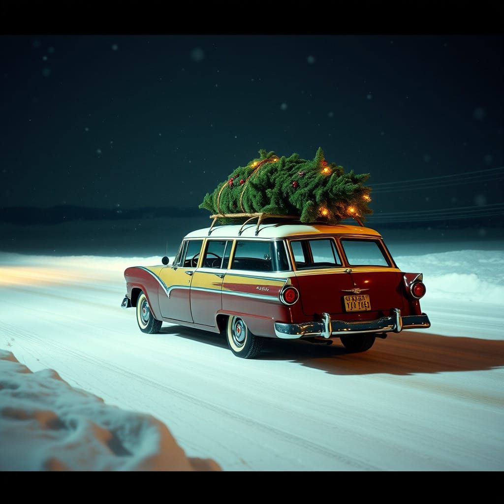 Vintage Ford Station Wagon Drives Through Snowy Winter Night...
