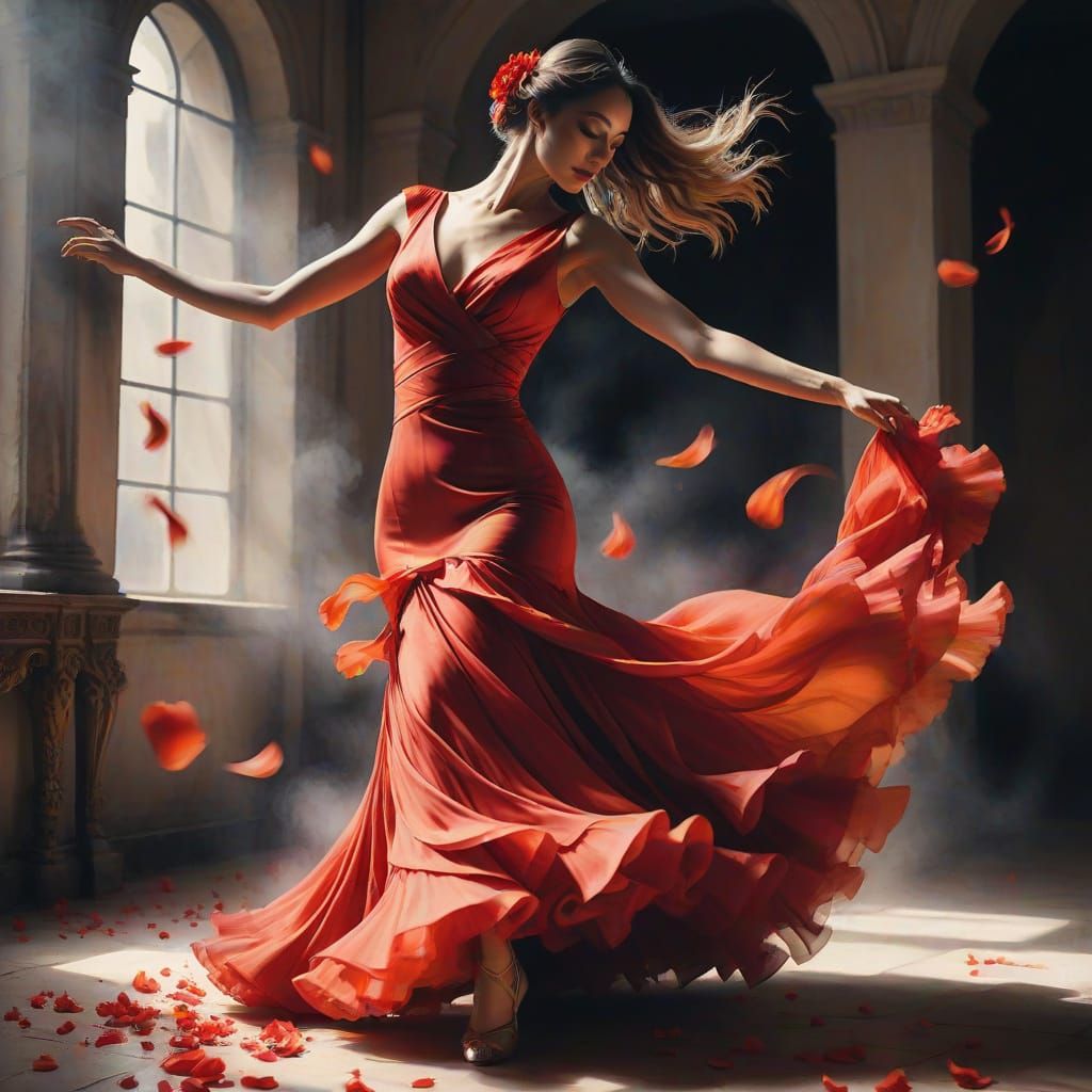 Flamenco Dancer in Watercolor, Anime Surreal Style