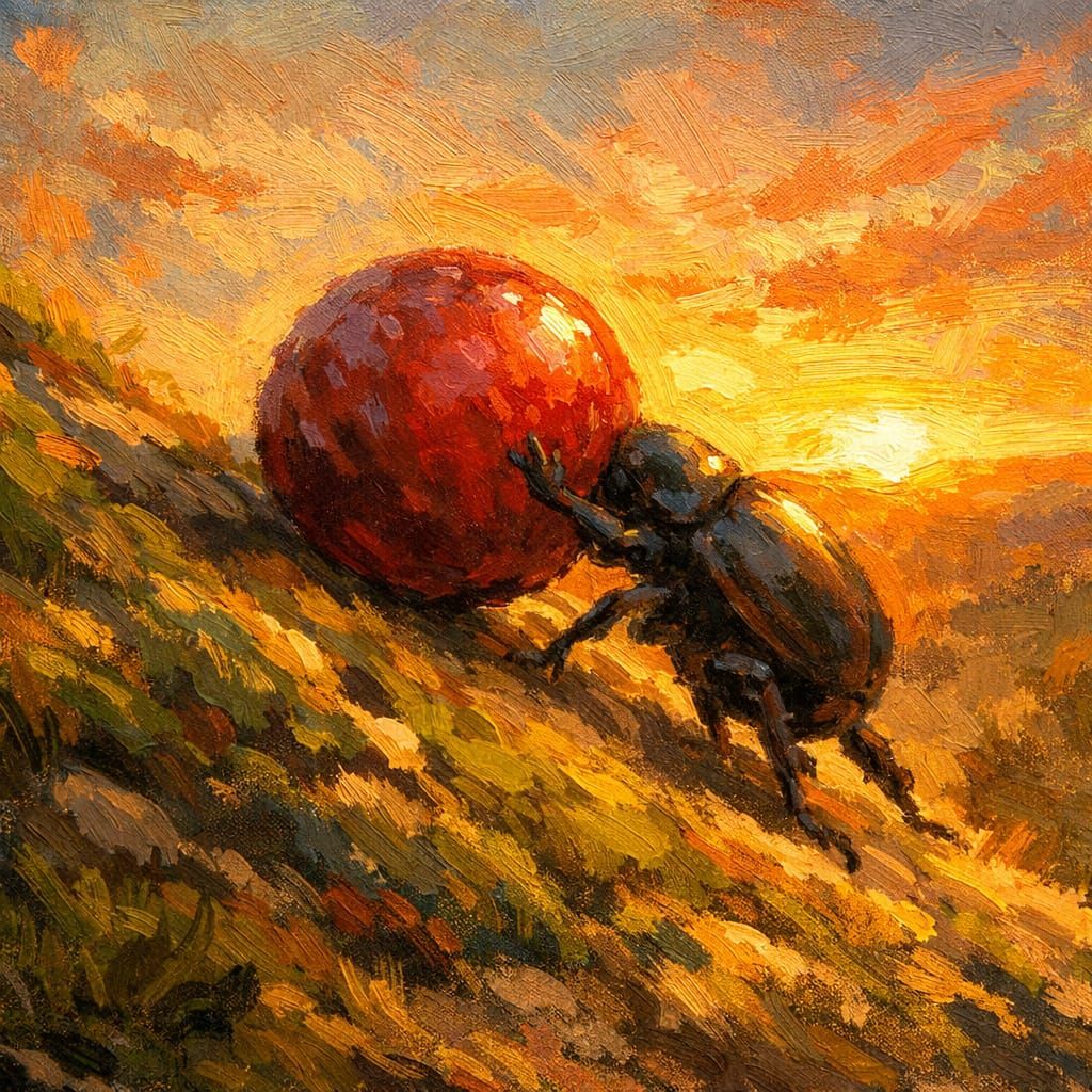 Beetle Pushes Berry Up Hill at Golden Hour Sunset