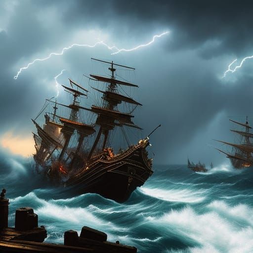 Pirates Brave Stormy Seas: Digital Painting