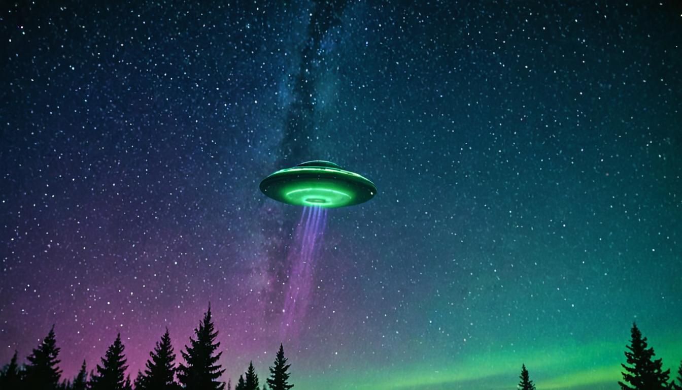 Surreal UFO in Aurora Borealis Night Sky