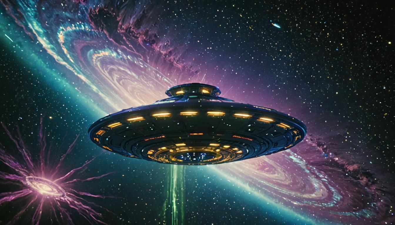 Cinematic Flying Saucer Amidst Nebulae and Stars