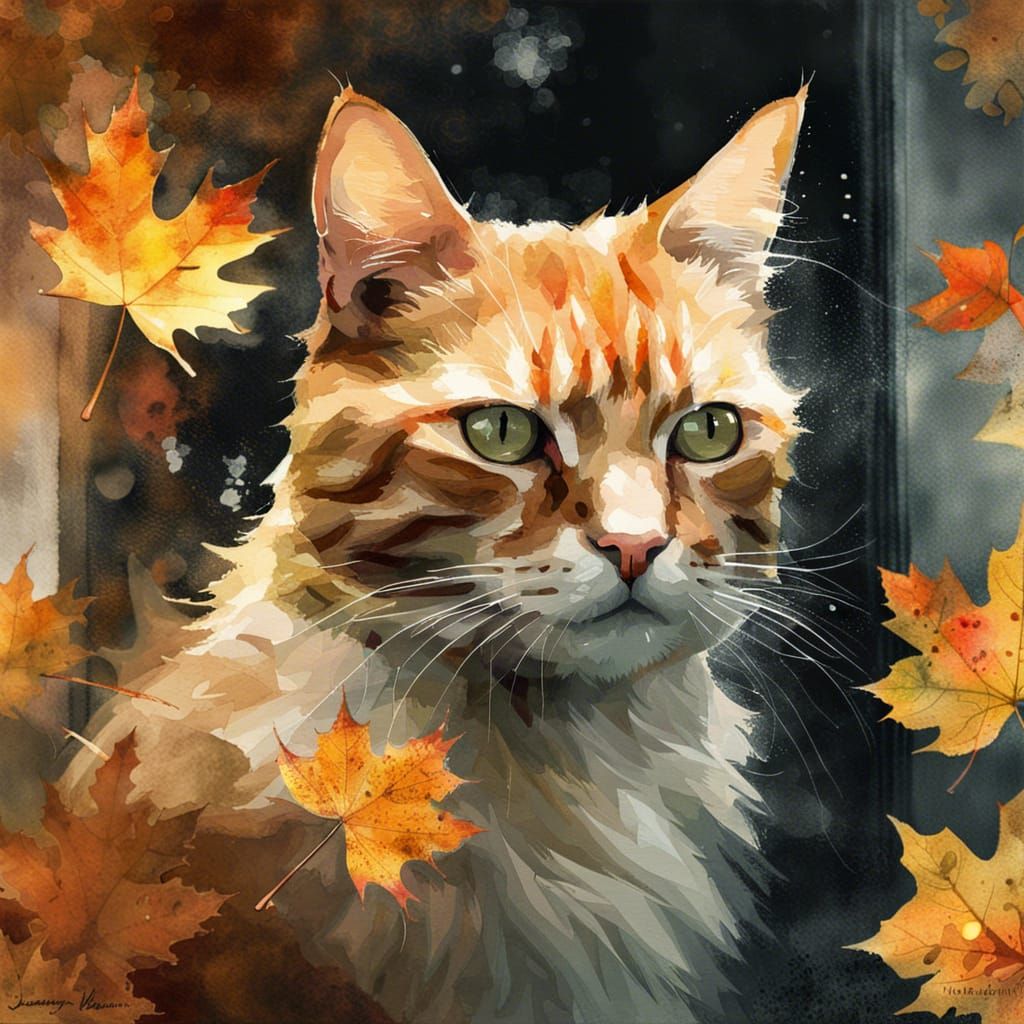 Autumn Cat Double Exposure in Watercolor Style
