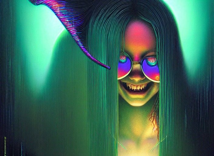 Jade Hologram Girl Smiling in Cyberpunk Style