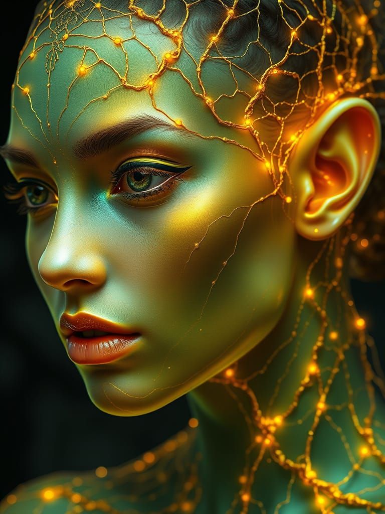 Ethereal Goddess with Radiant Green Skin and Golden Veins