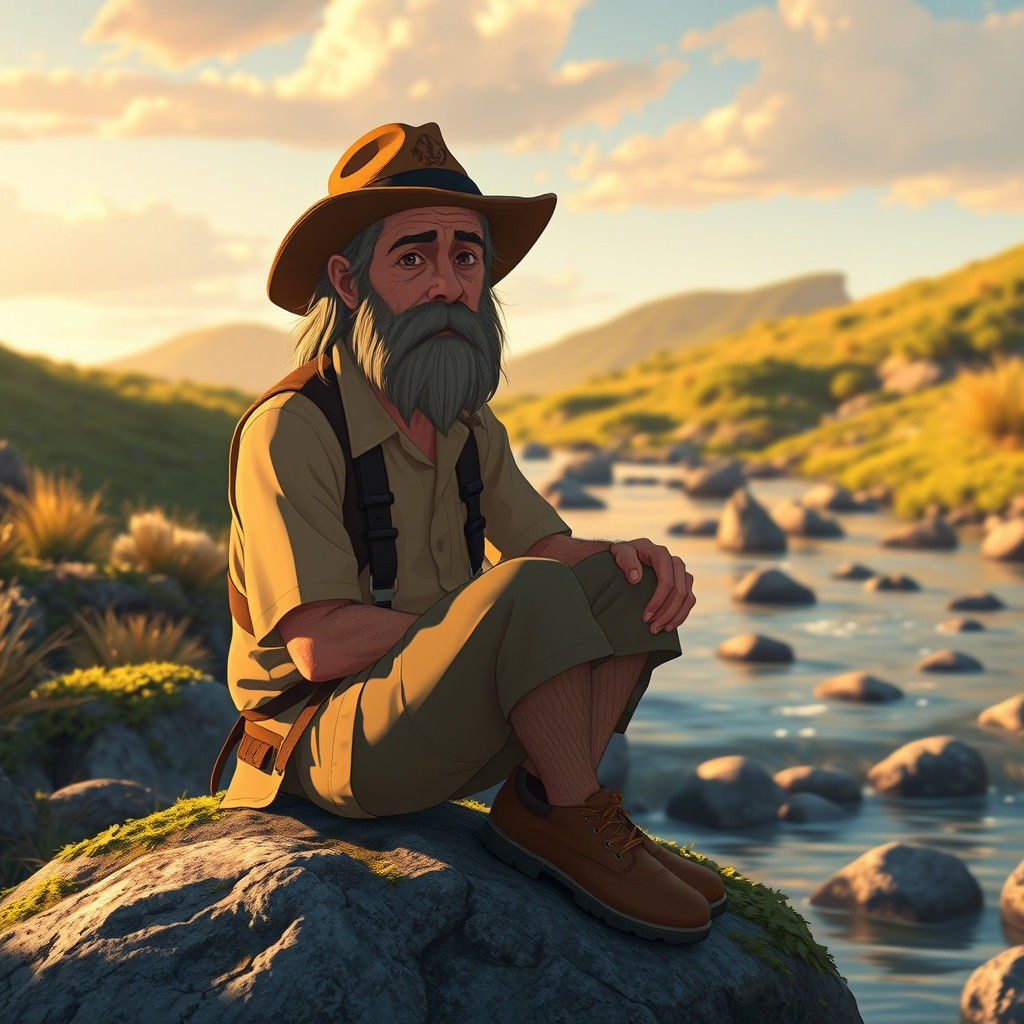 Geologist Contemplating Miyazaki-Inspired Sunset